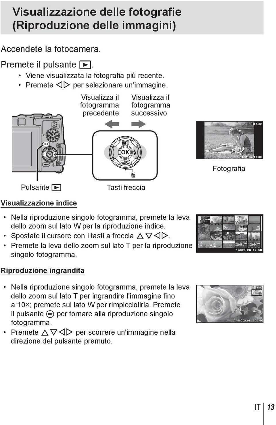 la leva dello zoom sul lato W per la riproduzione indice. Spostate il cursore con i tasti a freccia FGHI. Premete la leva dello zoom sul lato T per la riproduzione singolo fotogramma.