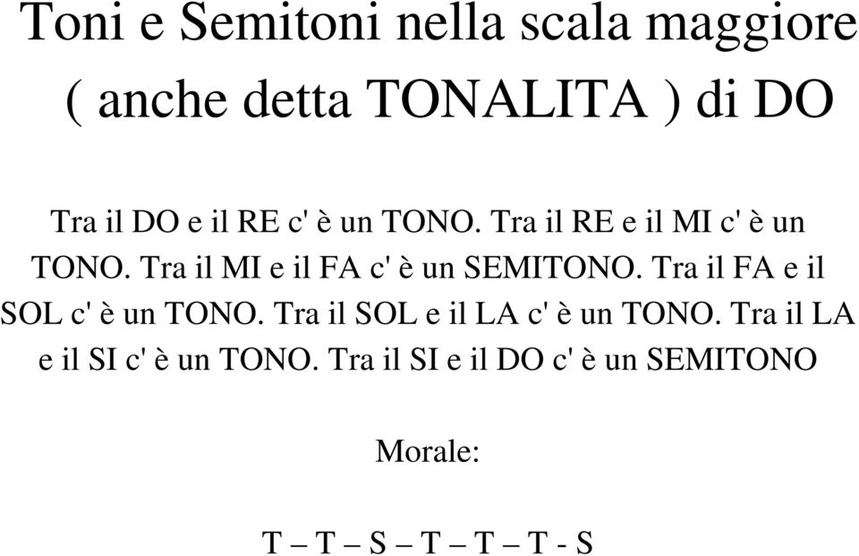 Tra il MI e il FA c' è un SEMITONO. Tra il FA e il SOL c' è un TONO.