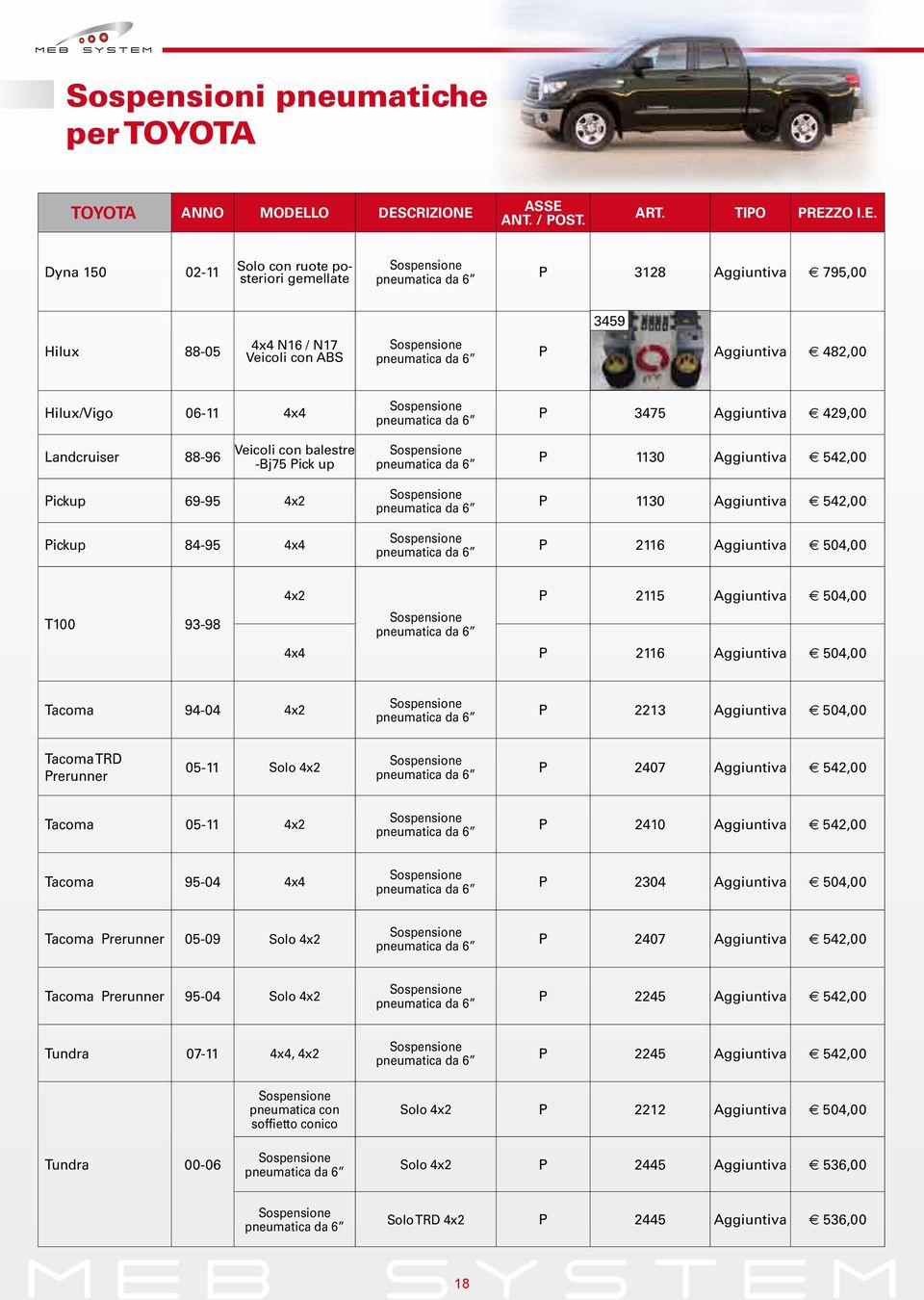 Aggiuntiva e 504,00 T100 93-98 4x2 P 2115 Aggiuntiva e 504,00 4x4 P 2116 Aggiuntiva e 504,00 Tacoma 94-04 4x2 P 2213 Aggiuntiva e 504,00 Tacoma TRD Prerunner 05-11 Solo 4x2 P 2407 Aggiuntiva e 542,00