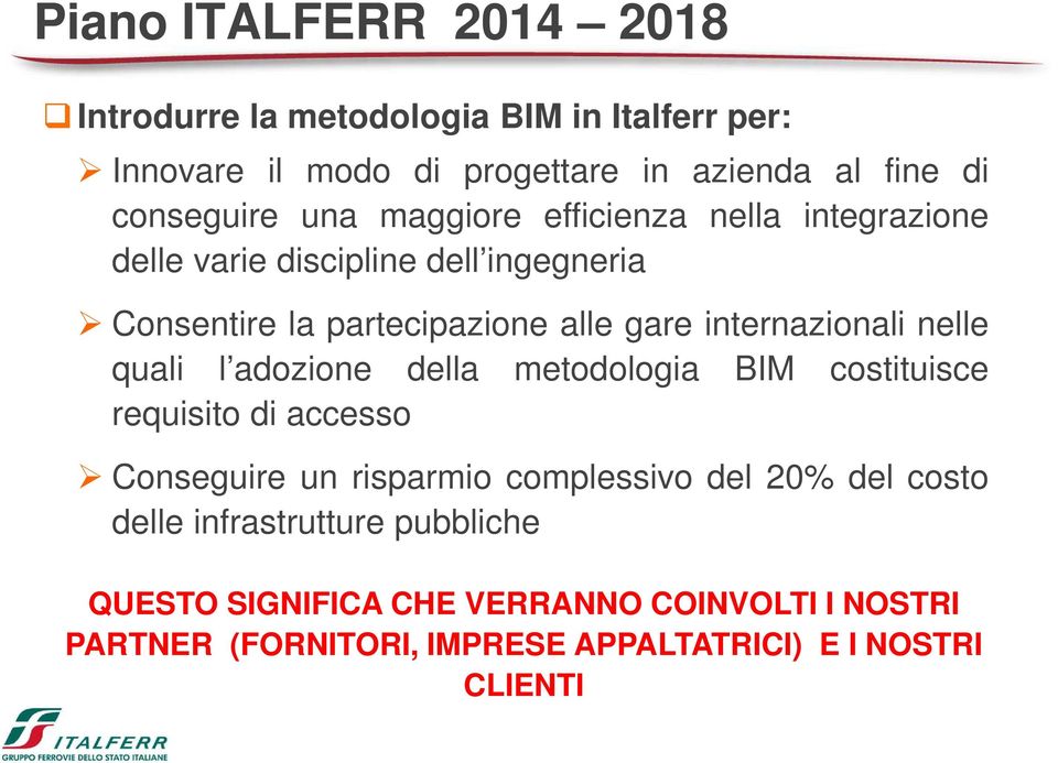 nelle quali l adozione della metodologia BIM costituisce requisito di accesso Conseguire un risparmio complessivo del 20% del costo