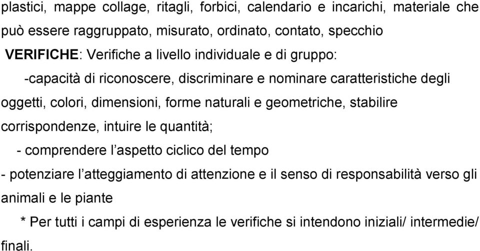 dimensioni, forme naturali e geometriche, stabilire corrispondenze, intuire le quantità; - comprendere l aspetto ciclico del tempo - potenziare l