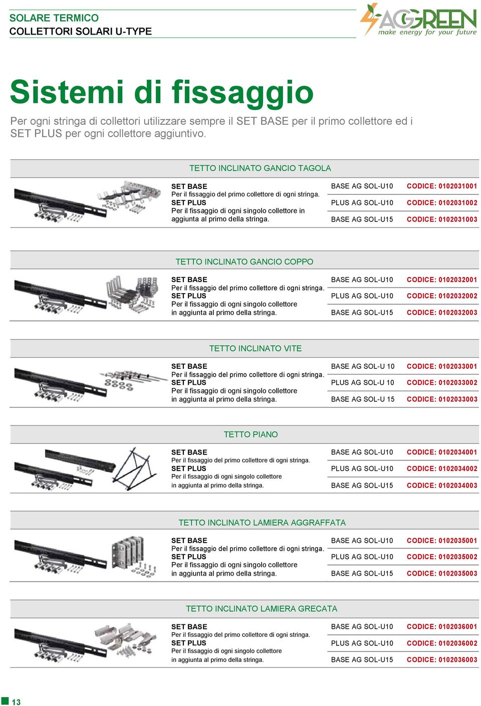 BASE AG SOL-U10 CODICE: 0102031001 PLUS AG SOL-U10 CODICE: 0102031002 BASE AG SOL-U15 CODICE: 0102031003 TETTO INCLINATO GANCIO COPPO SET BASE BASE AG SOL-U10 CODICE: 0102032001 Per il fissaggio del