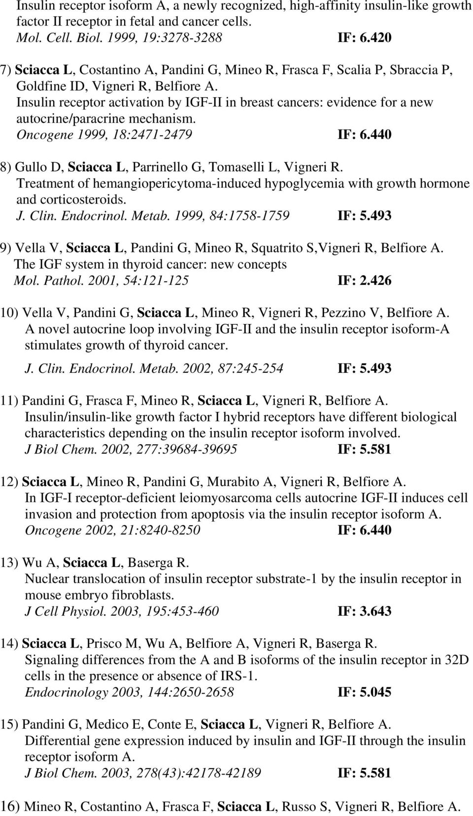 Insulin receptor activation by IGF-II in breast cancers: evidence for a new autocrine/paracrine mechanism. Oncogene 1999, 18:2471-2479 IF: 6.