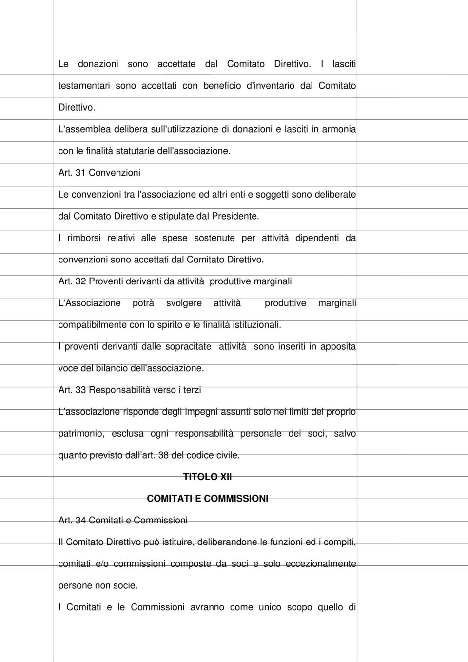 31 Convenzioni Le convenzioni tra l'associazione ed altri enti e soggetti sono deliberate dal Comitato Direttivo e stipulate dal Presidente.