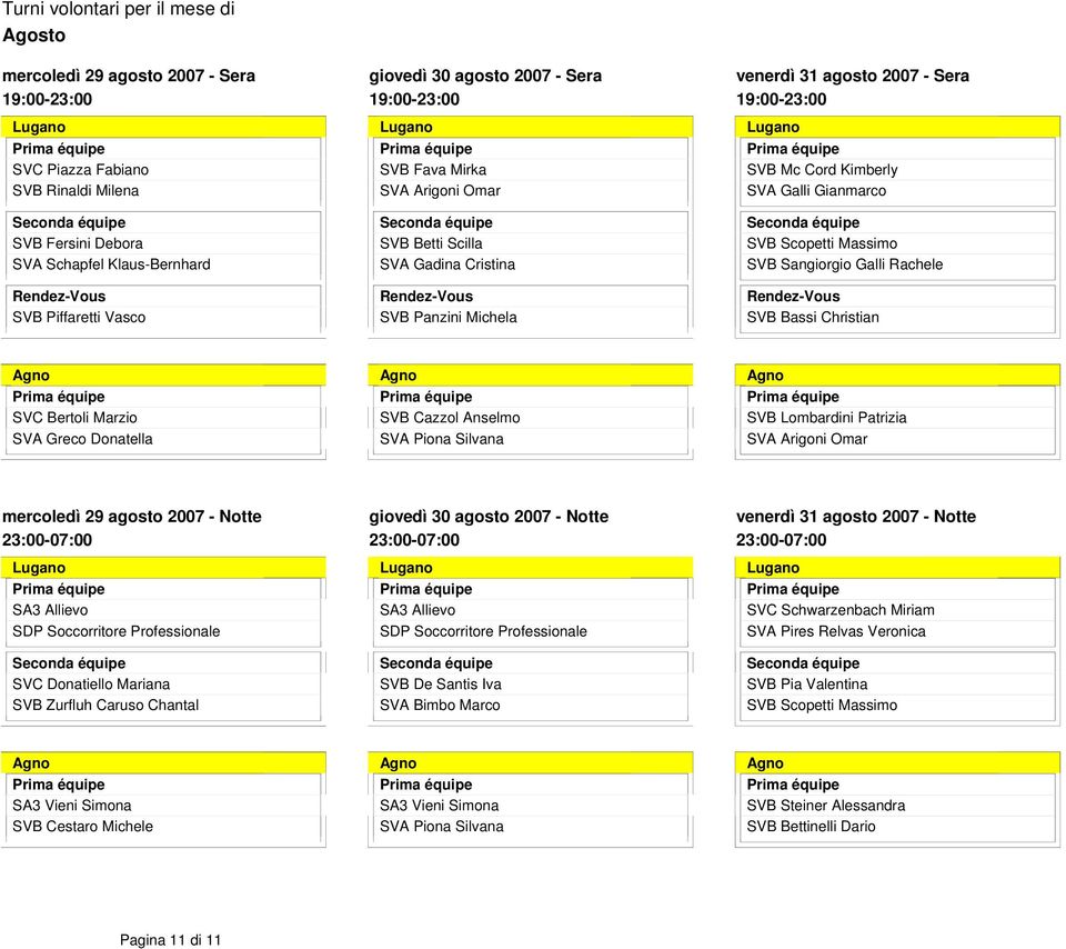 Bertoli Marzio SVA Greco Donatella SVB Cazzol Anselmo SVA Piona Silvana SVB Lombardini Patrizia SVA Arigoni Omar mercoledì 29 agosto 2007 Notte SVC Donatiello Mariana SVB Zurfluh Caruso Chantal
