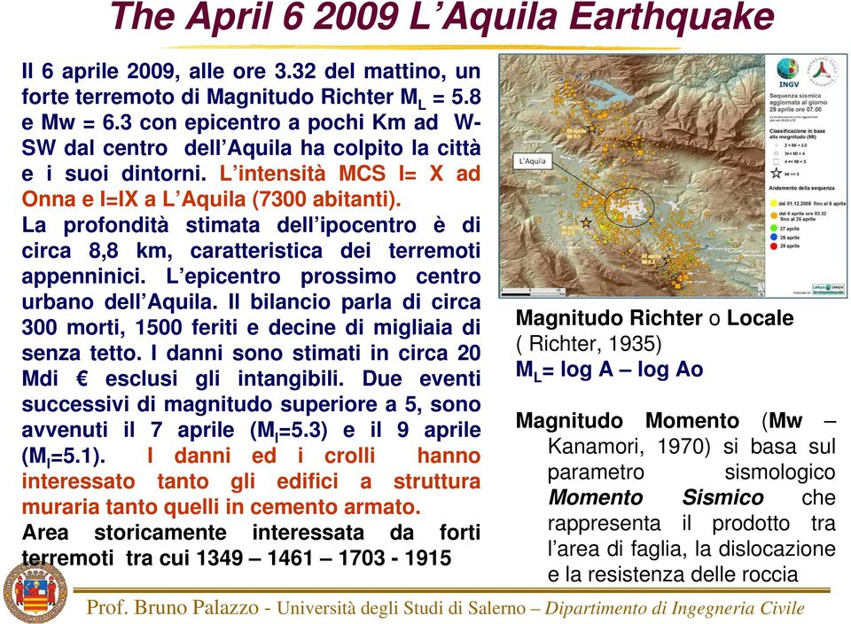 La profondità stimata dell ipocentro è di circa 8,8 km, caratteristica dei terremoti appenninici. L epicentro prossimo centro urbano dell Aquila.