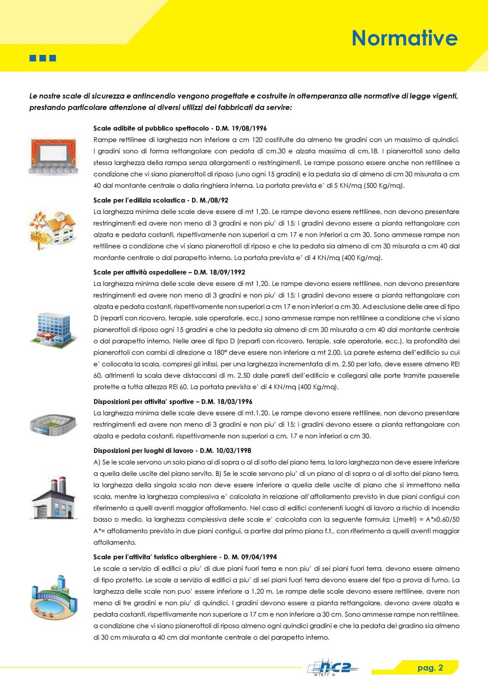 I gradini sono di forma rettangolare con pedata di cm.30 e alzata massima di cm.18. I pianerottoli sono della stessa larghezza della rampa senza allargamenti o restringimenti.