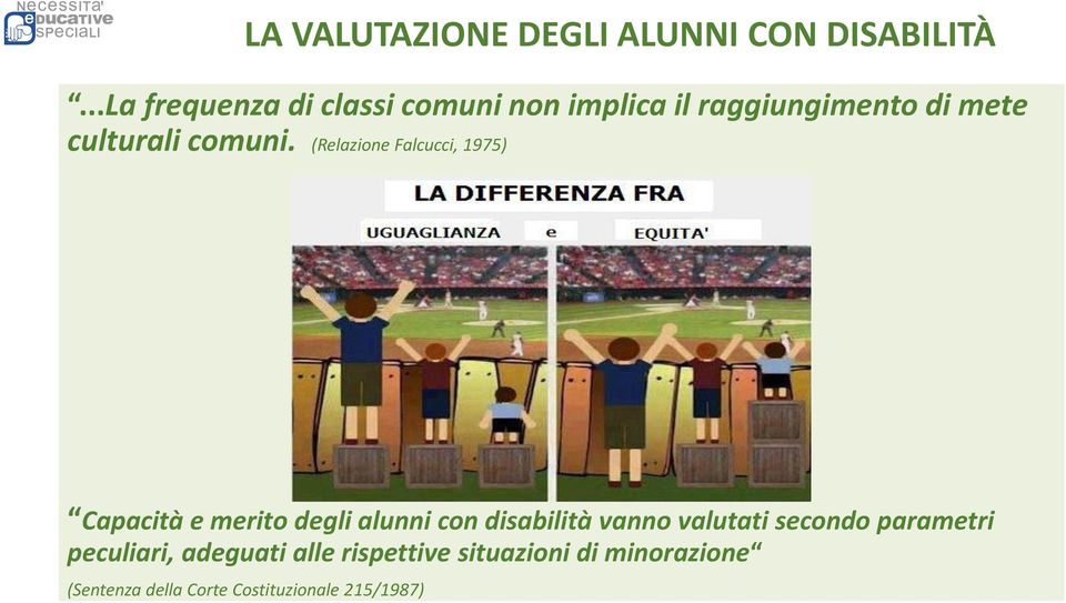 (Relazione Falcucci, 1975) Capacità e merito degli alunni con disabilità vanno