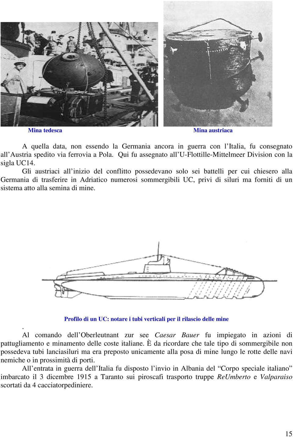 Gli austriaci all inizio del conflitto possedevano solo sei battelli per cui chiesero alla Germania di trasferire in Adriatico numerosi sommergibili UC, privi di siluri ma forniti di un sistema atto