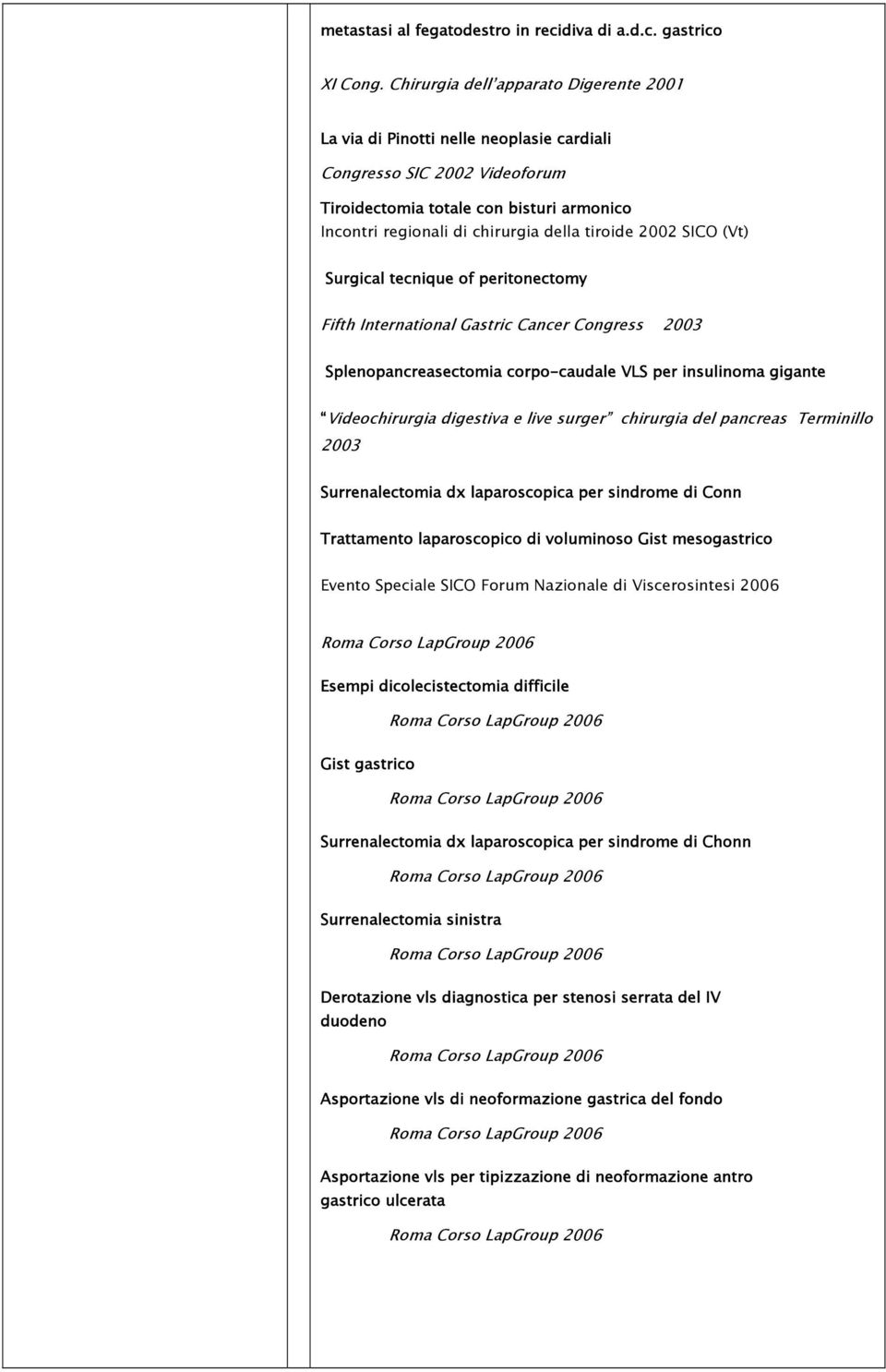 2002 SICO (Vt) Surgical tecnique of peritonectomy Fifth International Gastric Cancer Congress 2003 Splenopancreasectomia corpo-caudale VLS per insulinoma gigante Videochirurgia digestiva e live