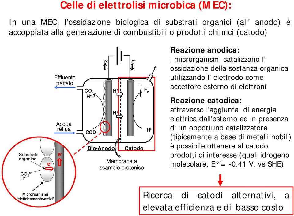 utilizzando l elettrodo come accettore esterno di elettroni Reazione catodica: attraverso l aggiunta di energia elettrica dall esterno ed in presenza di un opportuno catalizzatore (tipicamente