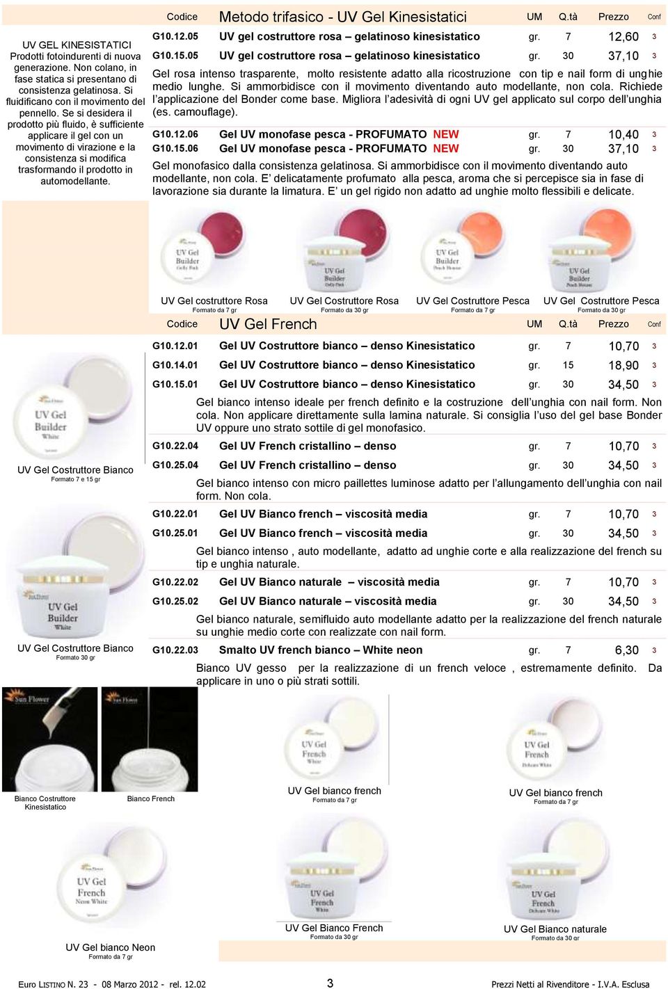 Codice Metodo trifasico - UV Gel Kinesistatici UM Q.tà Prezzo Conf G10.12.05 UV gel costruttore rosa gelatinoso kinesistatico gr. 7 12,60 3 G10.15.