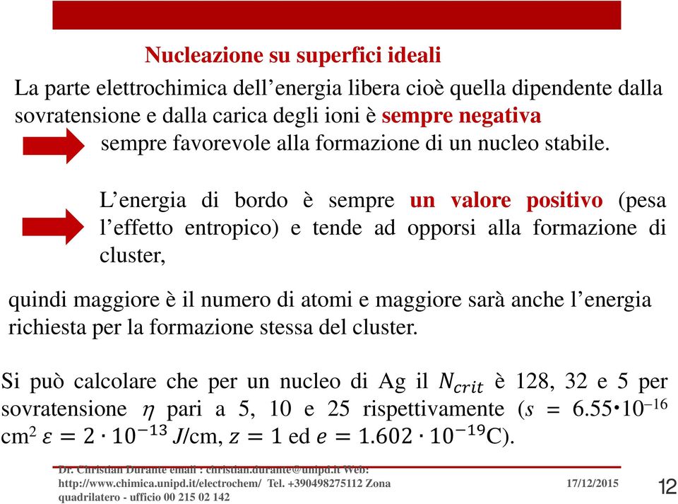 L energia di bordo è sempre un valore positivo (pesa l effetto entropico) e tende ad opporsi alla formazione di cluster, quindi maggiore è il numero di