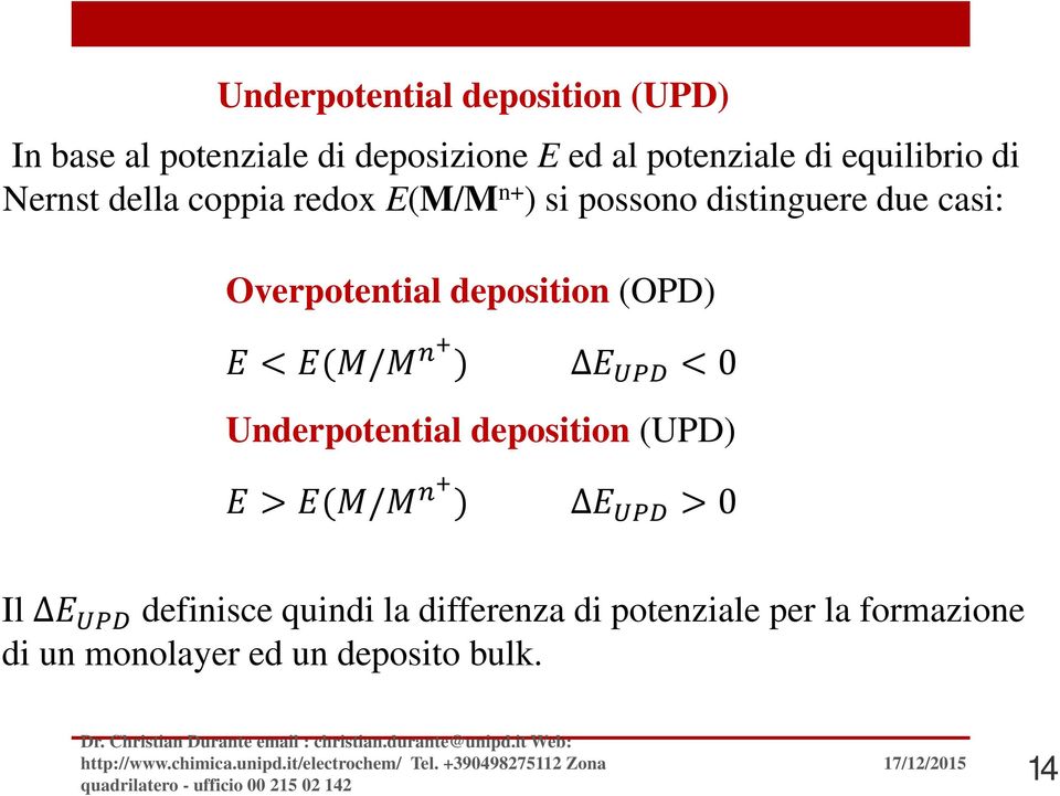 Overpotential deposition (OPD) / 0 Underpotential deposition (UPD) / 0 Il definisce