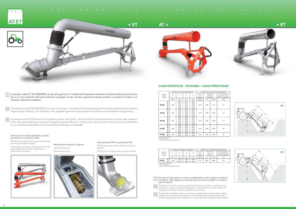 un notevole risparmio energetico. The mobile pump ET50 VENERONI, the top of the range, is the result of the experience grown with the propeller pumps whence it get the high efficiency.