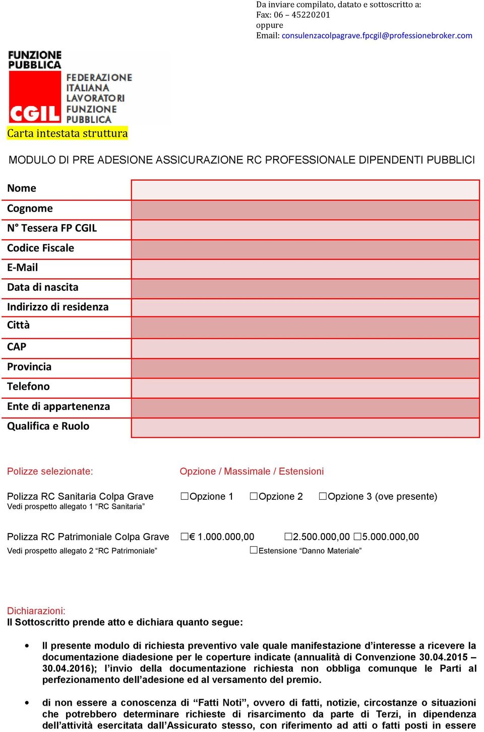 prospetto allegato 1 RC Sanitaria Polizza RC Patrimoniale Colpa Grave 1.000.