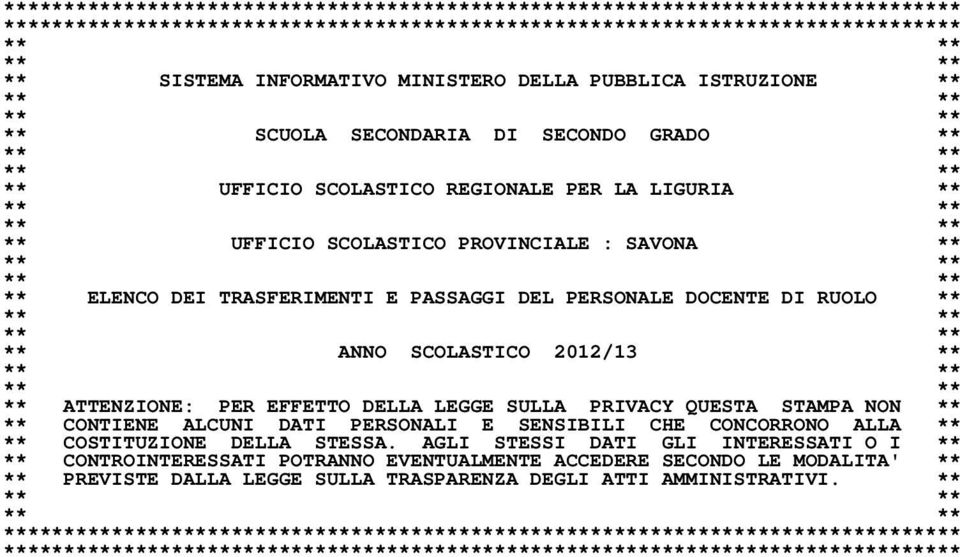 : SAVONA ** ** ** ** ** ** ELENCO DEI TRASFERIMENTI E PASSAGGI DEL PERSONALE DOCENTE DI RUOLO ** ** ** ** ** ** ANNO SCOLASTICO 2012/13 ** ** ** ** ** ** ATTENZIONE: PER EFFETTO DELLA LEGGE SULLA