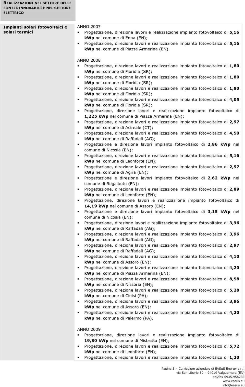 ANNO 2008 1,80 1,80 1,80 4,05 1,225 2,97 kwp nel comune di Acireale (CT); 4,50 Progettazione e direzione lavori impianto fotovoltaico di 2,86 kwp nel comune di Nicosia (EN); 5,16 2,97 kwp nel comune