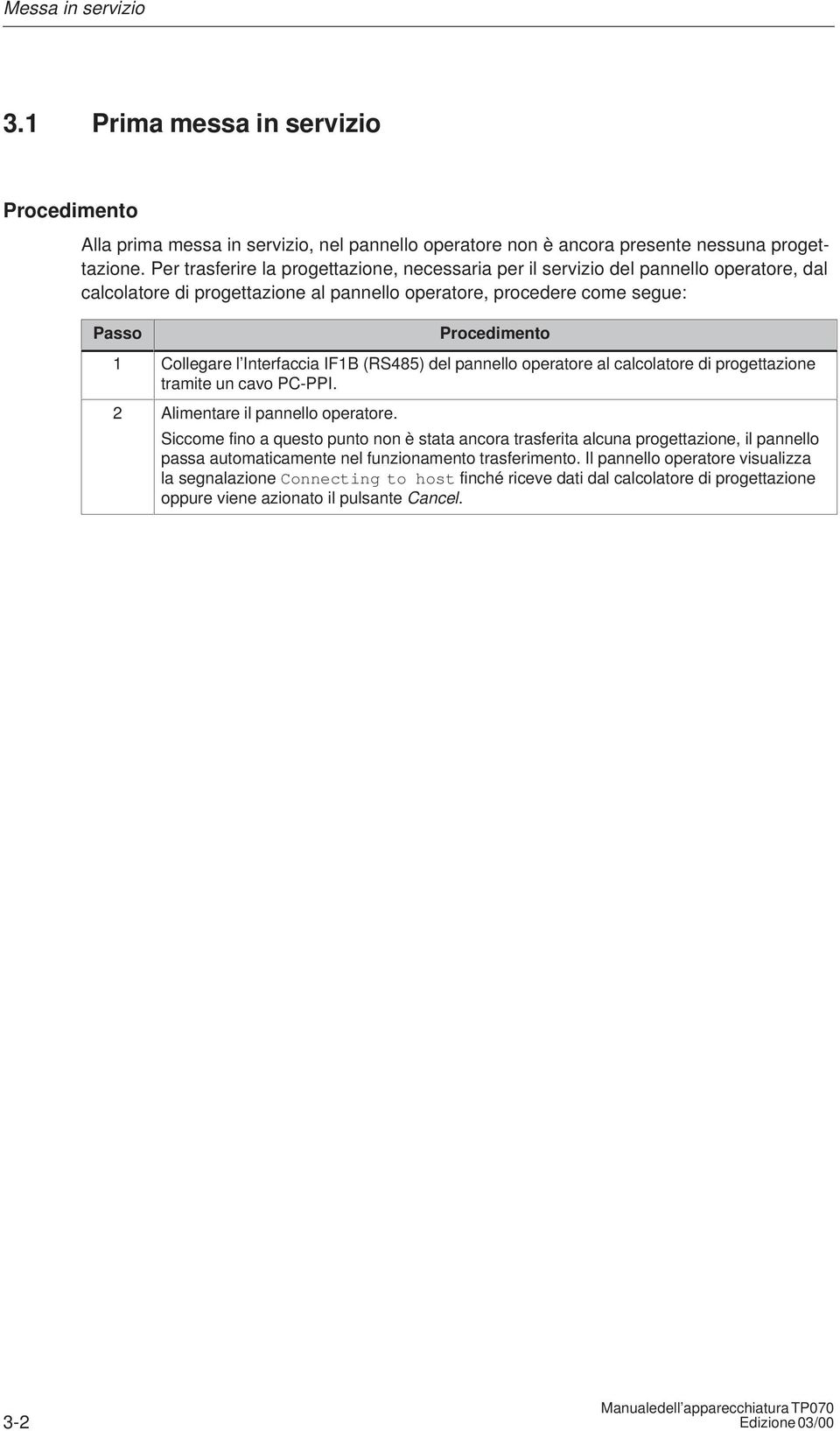 Interfaccia IF1B (RS485) del pannello operatore al calcolatore di progettazione tramite un cavo PC-PPI. 2 Alimentare il pannello operatore.