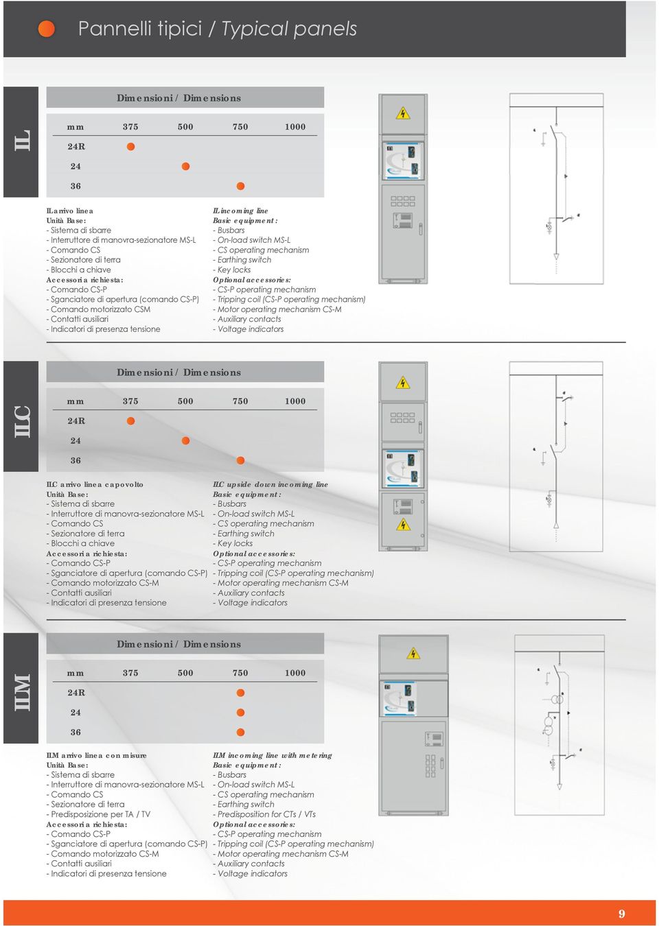 operating mechanism - Tripping coil (CS-P operating mechanism) - Motor operating mechanism CS-M - Auxiliary contacts ILC R ILC arrivo linea capovolto - Interruttore di manovra-sezionatore MS-L -