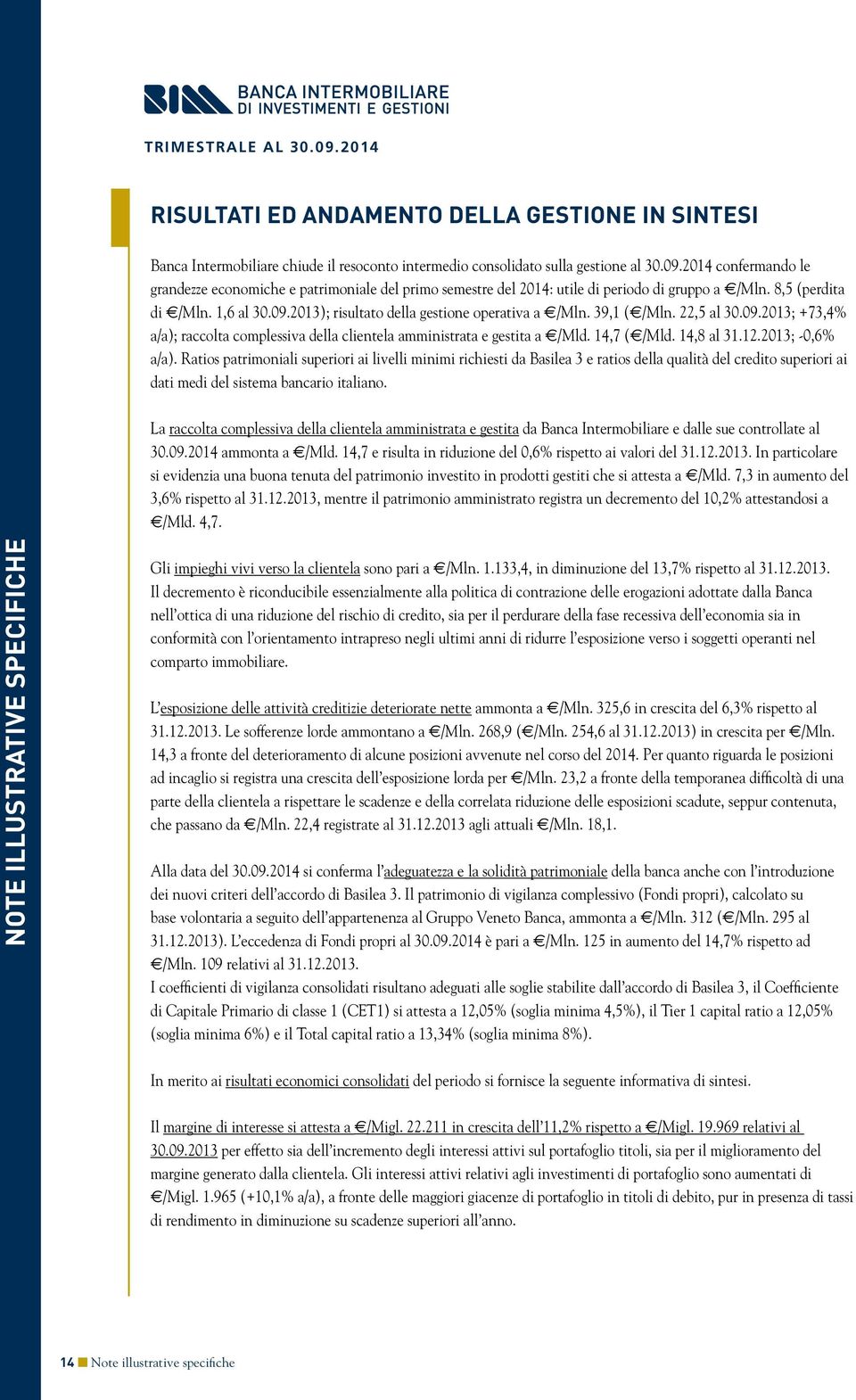 2013); risultato della gestione operativa a /Mln. 39,1 ( /Mln. 22,5 al 30.09.2013; +73,4% a/a); raccolta complessiva della clientela amministrata e gestita a /Mld. 14,7 ( /Mld. 14,8 al 31.12.