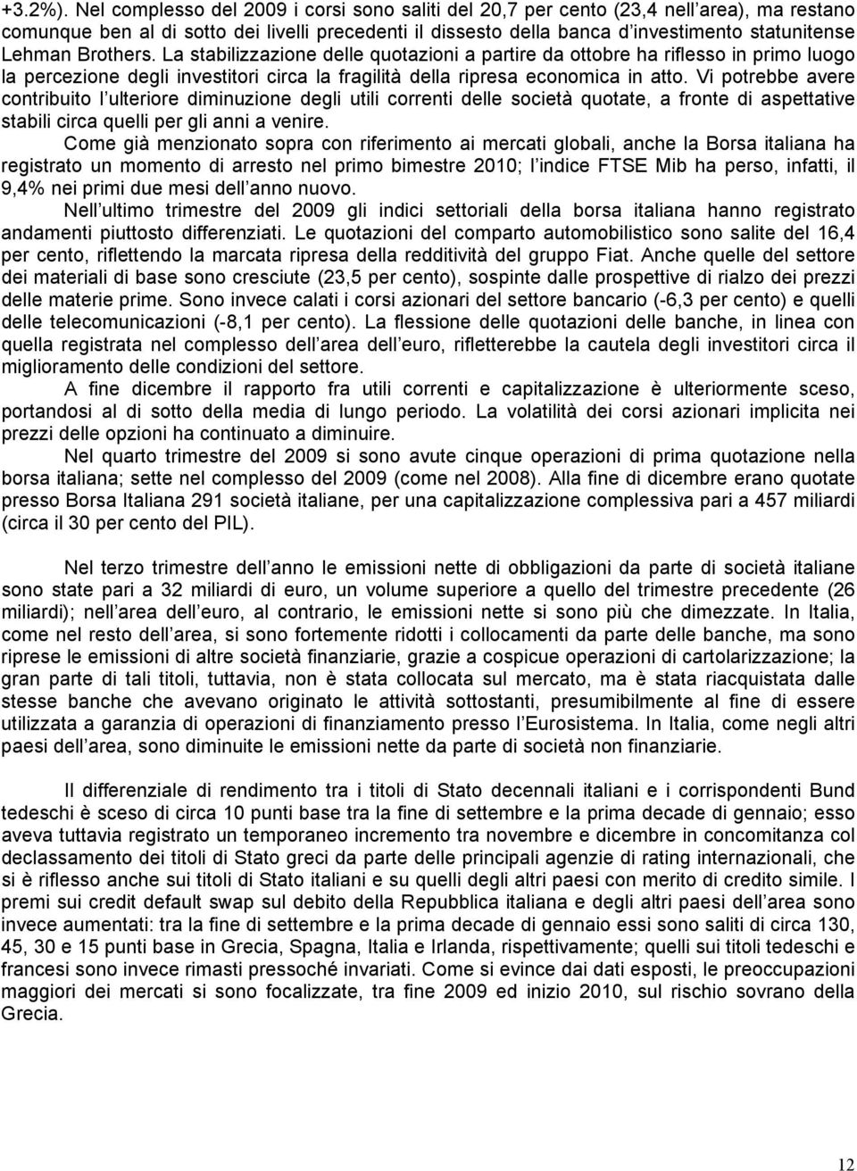 Brothers. La stabilizzazione delle quotazioni a partire da ottobre ha riflesso in primo luogo la percezione degli investitori circa la fragilità della ripresa economica in atto.