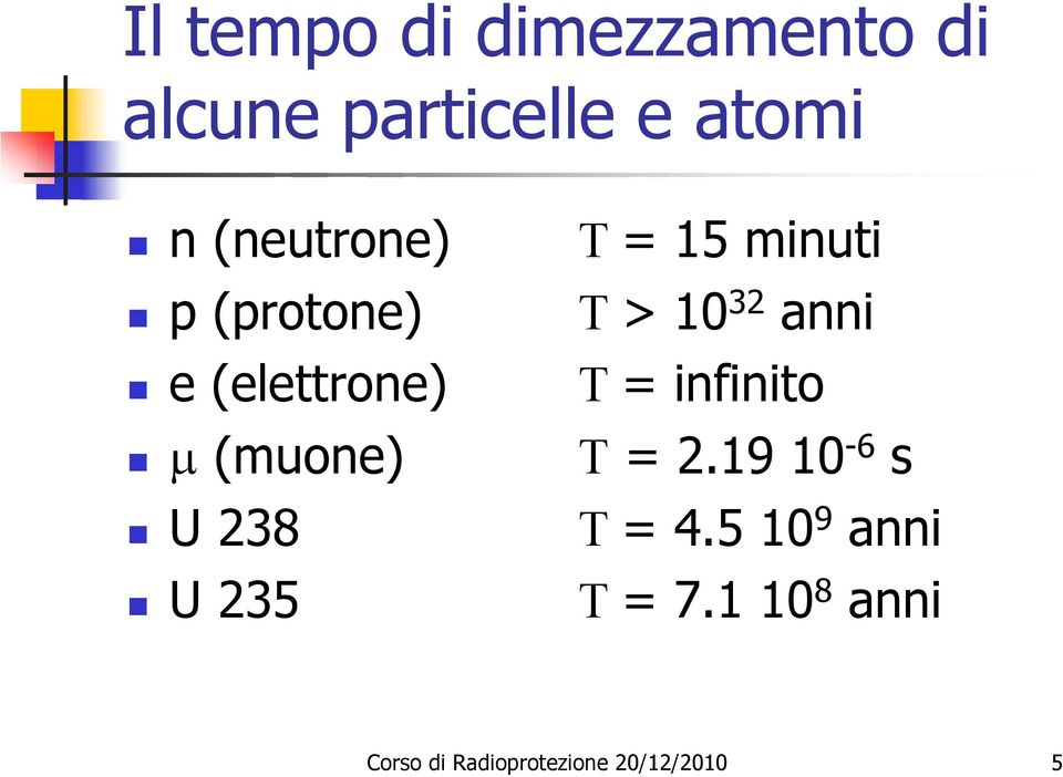 = 15 minuti T > 10 32 anni T = infinito T = 2.19 10-6 s T = 4.