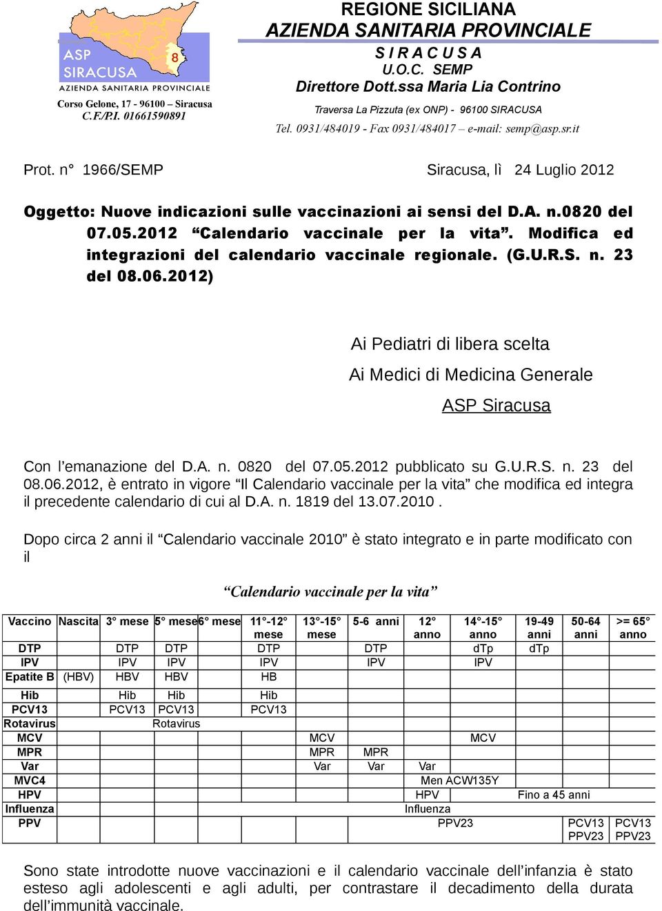 n 1966/SEMP Siracusa, lì 24 Luglio 2012 Oggetto: Nuove indicazioni sulle vaccinazioni ai sensi del D.A. n.0820 del 07.05.2012 Calendario vaccinale per la vita.