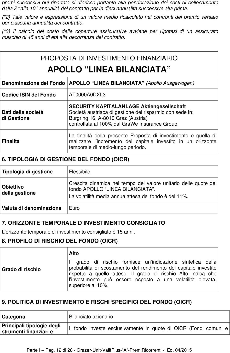 (*3) Il calcolo del costo delle coperture assicurative avviene per l ipotesi di un assicurato maschio di 45 anni di età alla decorrenza del contratto.