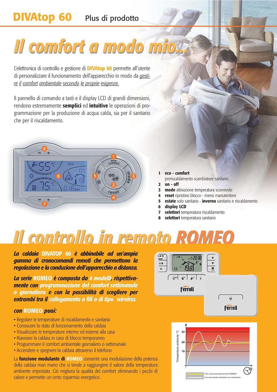 Il pannello di comando a tasti e il display LCD di grandi dimensioni, rendono estremamente semplici ed intuitive le operazioni di programmazione per la produzione di acqua calda, sia per il sanitario