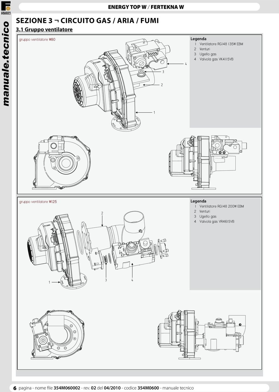 Venturi 3 Ugello gas 4 Valvola gas VK4115VB 1 gruppo ventilatore W125 2 Legenda 1 Ventilatore