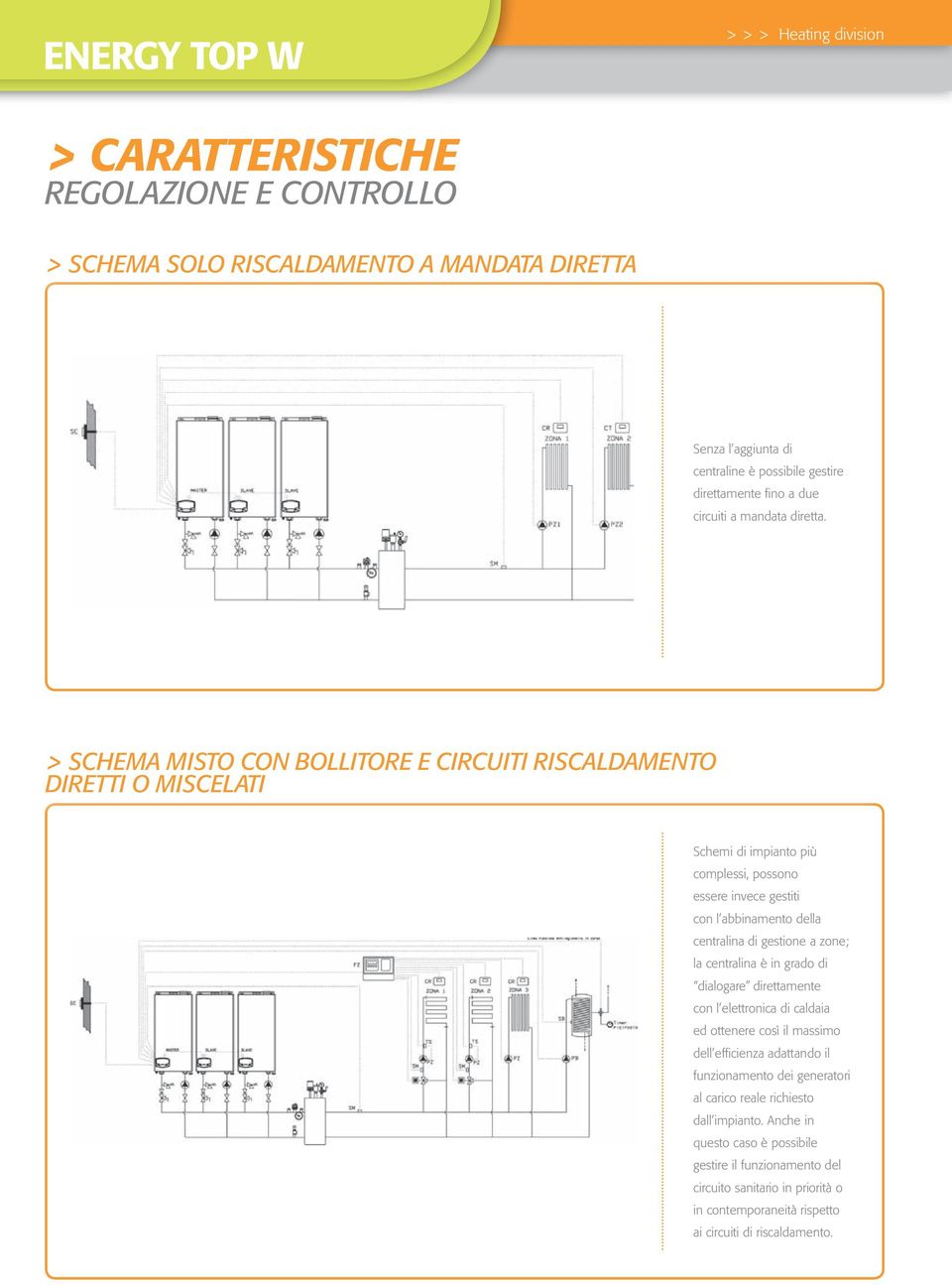 > SCHEMA MISTO CON BOLLITORE E CIRCUITI RISCALDAMENTO DIRETTI O MISCELATI Schemi di impianto più complessi, possono essere invece gestiti con l abbinamento della centralina di gestione a