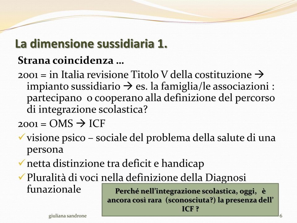 2001 = OMS ICF visione psico sociale del problema della salute di una persona netta distinzione tra deficit e handicap Pluralità