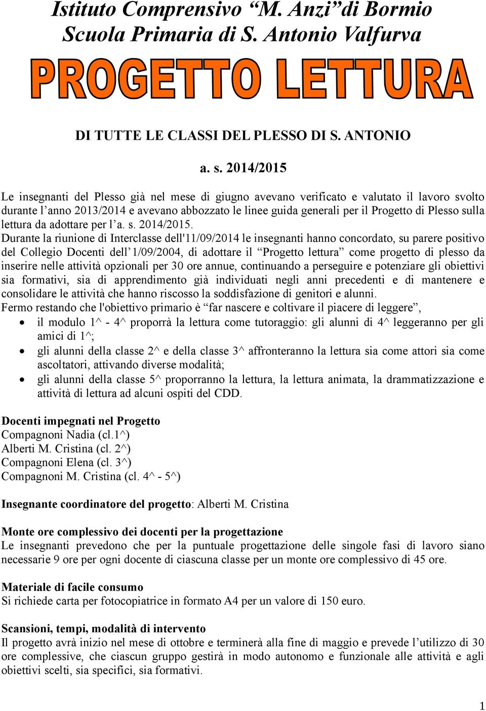 sulla lettura da adottare per l a. s. 2014/2015.