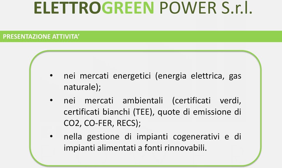 bianchi (TEE), quote di emissione di CO2, CO-FER, RECS); nella