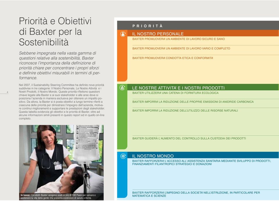 Nel 2007, il Sustainability Steering Committee ha definito nove priorità suddivise in tre categorie: Il Nostro Personale, Le Nostre Attività e i Nostri Prodotti, il Nostro Mondo.