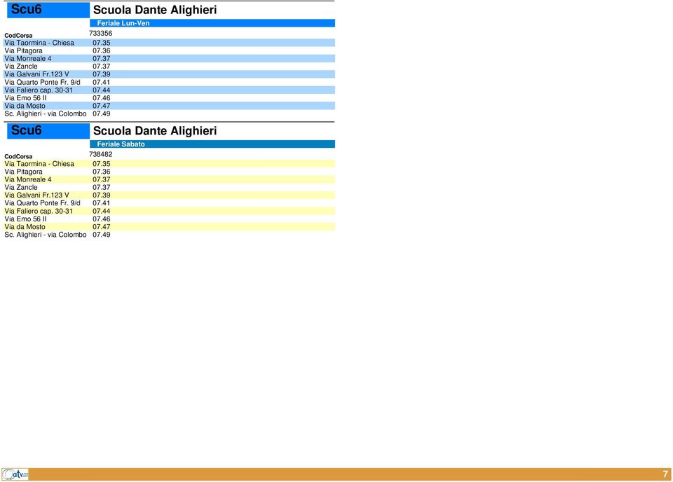 49 Scu6 CodCorsa 738482 Via Taormina - Chiesa 07.35 Via Pitagora 07.36 Via Monreale 4 07.37 Via Zancle 07.37 Via Galvani Fr.123 V 07.