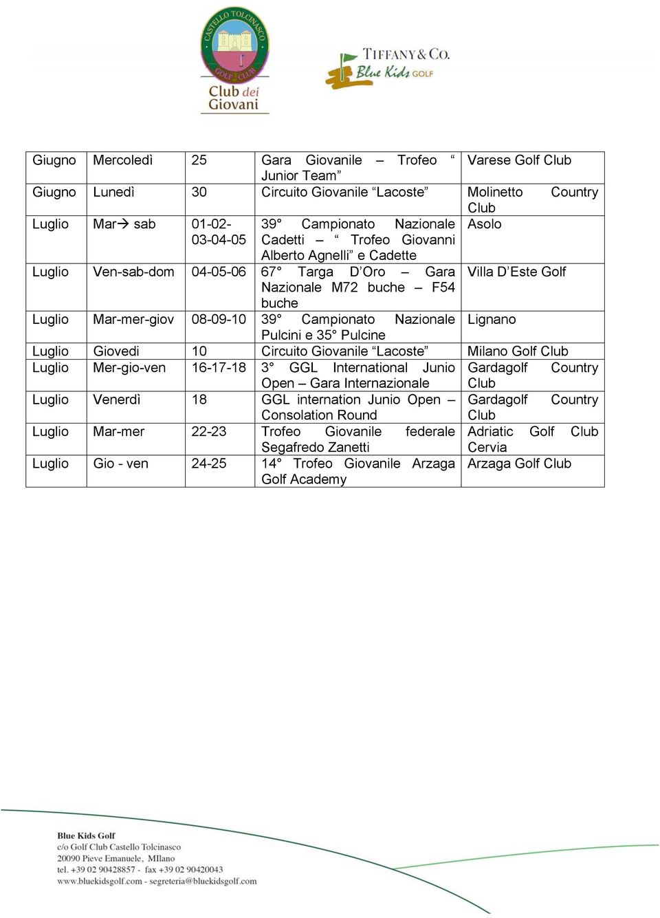 Lignano Pulcini e 35 Pulcine Luglio Giovedi 10 Circuito Giovanile Lacoste Milano Golf Club Luglio Mer-gio-ven 16-17-18 3 GGL International Junio Gardagolf Country Open Gara Internazionale Club Luglio