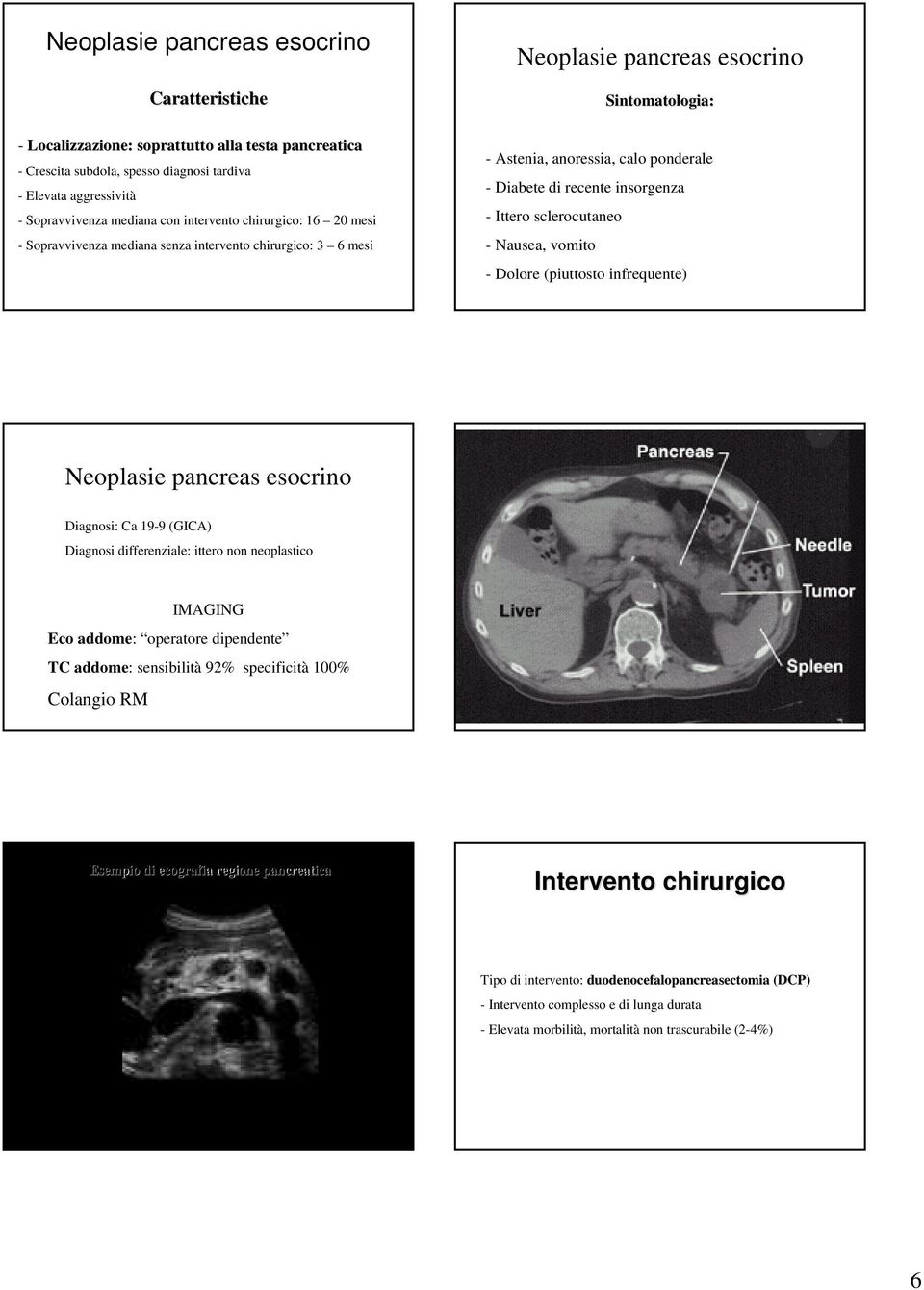 insorgenza - Ittero sclerocutaneo - Nausea, vomito - Dolore (piuttosto infrequente) Neoplasie pancreas esocrino Diagnosi: Ca 19-9 (GICA) Diagnosi differenziale: ittero non neoplastico IMAGING Eco