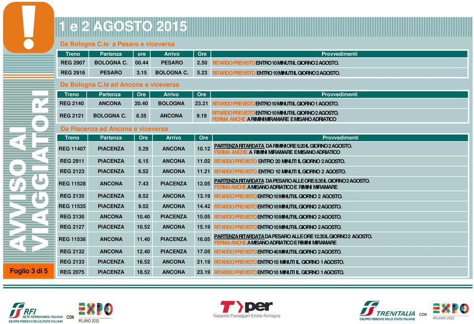 35 ANCONA 9.19 RITARDOPREVISTOENTRO10MINUTIILGIORNO2AGOSTO. FERMA ANCHE ARIMINIMIRAMARE EMISANOADRIATICO Da Piacenza ad Ancona e viceversa REG 11407 PIACENZA 5.29 ANCONA 10.