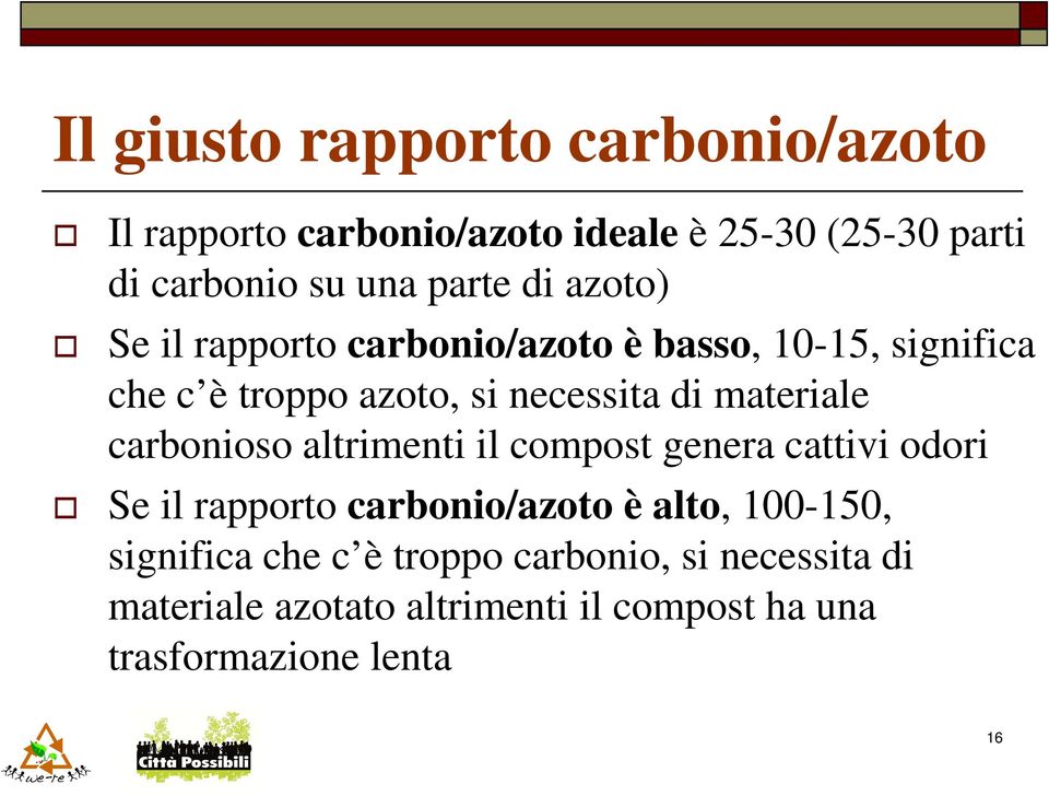 materiale carbonioso altrimenti il compost genera cattivi odori Se il rapporto carbonio/azoto è alto, 100-150,