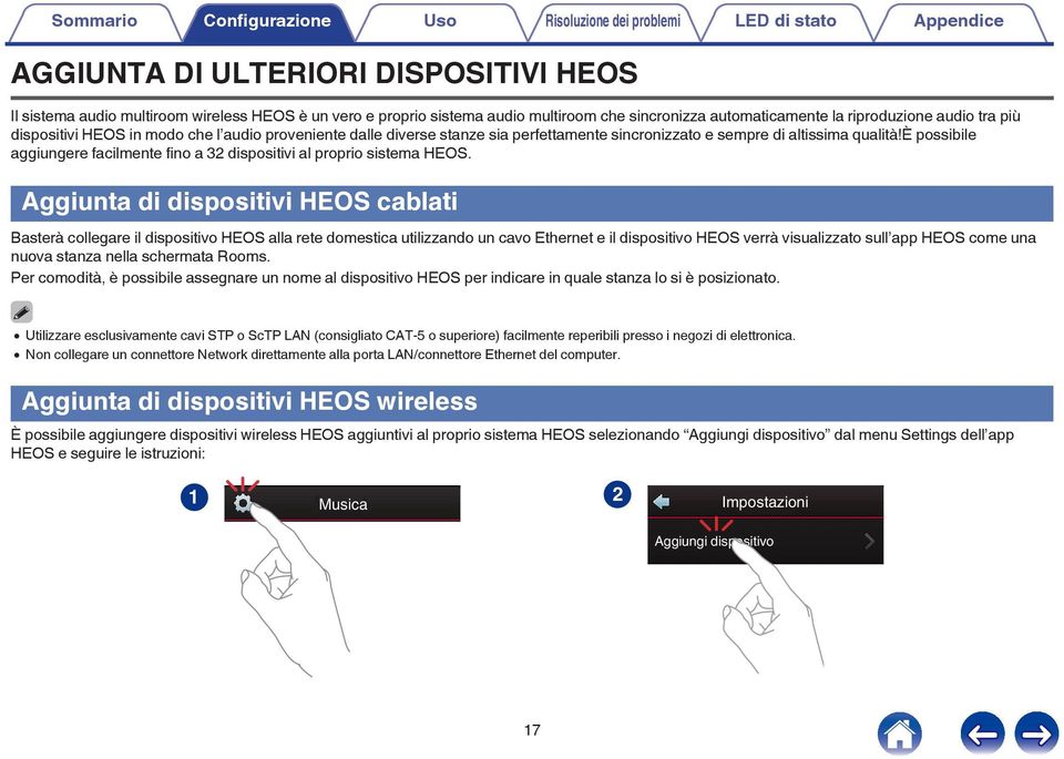 è possibile aggiungere facilmente fino a 32 dispositivi al proprio sistema HEOS Aggiunta di dispositivi HEOS cablati Basterà collegare il dispositivo HEOS alla rete domestica utilizzando un cavo