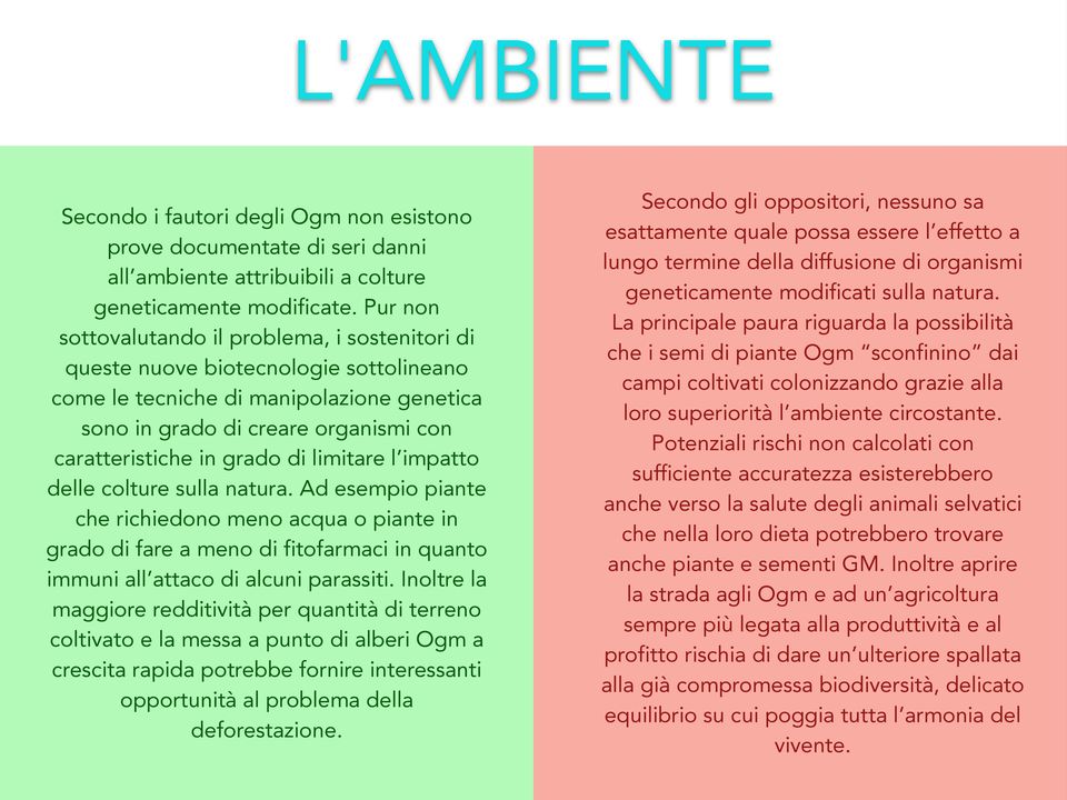 di limitare l impatto delle colture sulla natura. Ad esempio piante che richiedono meno acqua o piante in grado di fare a meno di fitofarmaci in quanto immuni all attaco di alcuni parassiti.