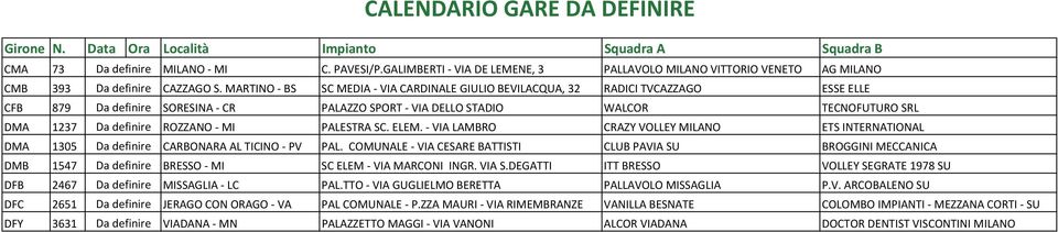 MI PALESTRA SC. ELEM. VIA LAMBRO CRAZY VOLLEY MILANO ETS INTERNATIONAL DMA 1305 Da definire CARBONARA AL TICINO PV PAL.