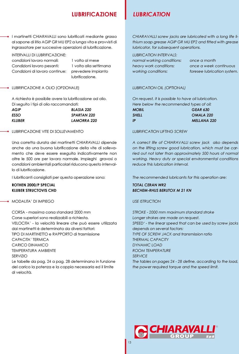 INTERVALLI DI LUBRIFICAZIONE: condizioni lavoro normali: Condizioni lavoro pesanti: Condizioni di lavoro continue: 1 volta al mese 1 volta alla settimana prevedere impianto lubrificazione.