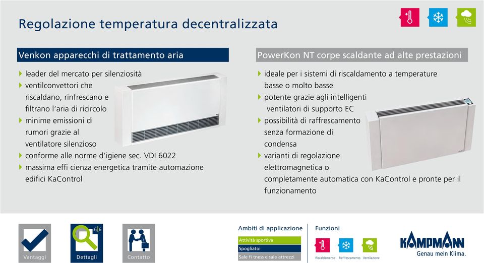 VDI 6022 } massima effi cienza energetica tramite automazione edifici KaControl PowerKon NT corpe scaldante ad alte prestazioni } ideale per i sistemi di riscaldamento a temperature basse o molto