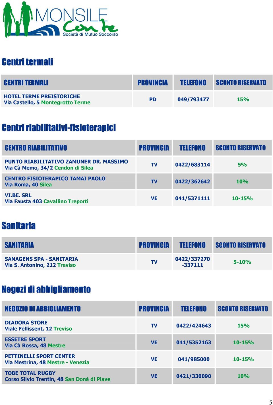 SRL Via Fausta 403 Cavallino Treporti TV 0422/683114 5% TV 0422/362642 10% VE 041/5371111 10-15% Sanitaria SANITARIA PROVINCIA TELEFONO SCONTO RISERVATO SANAGENS SPA - SANITARIA Via S.