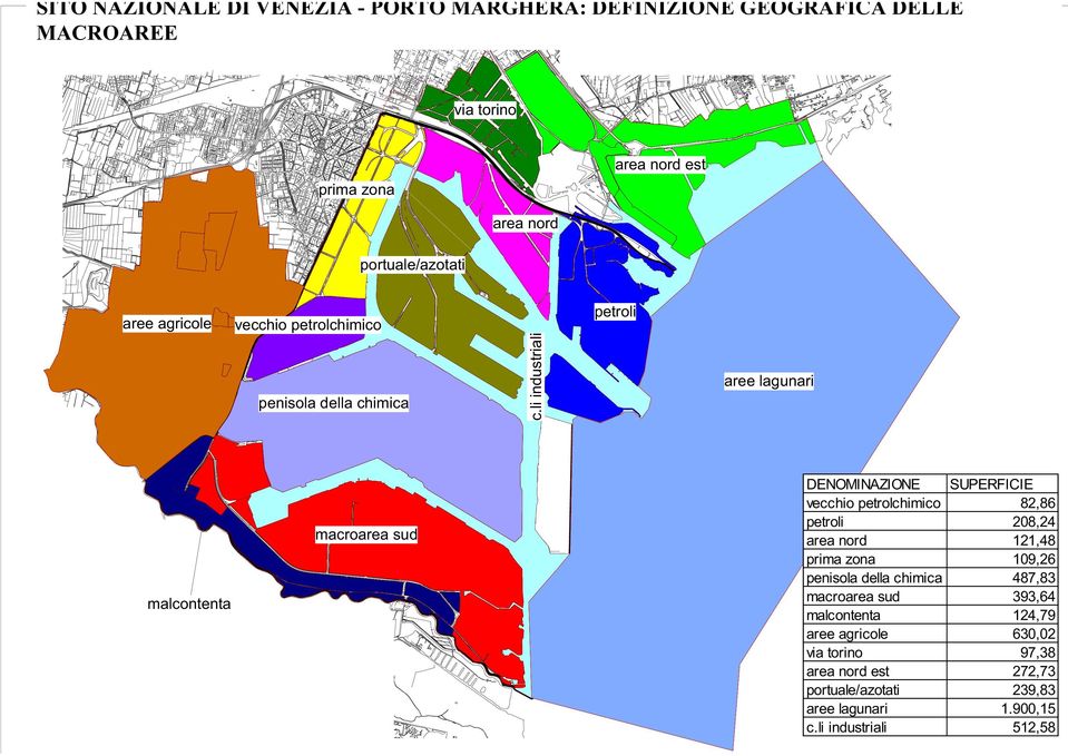 li industriali petroli aree lagunari malcontenta macroarea sud DENOMINAZIONE SUPERFICIE vecchio petrolchimico 82,86 petroli 208,24 area nord 121,48 prima zona