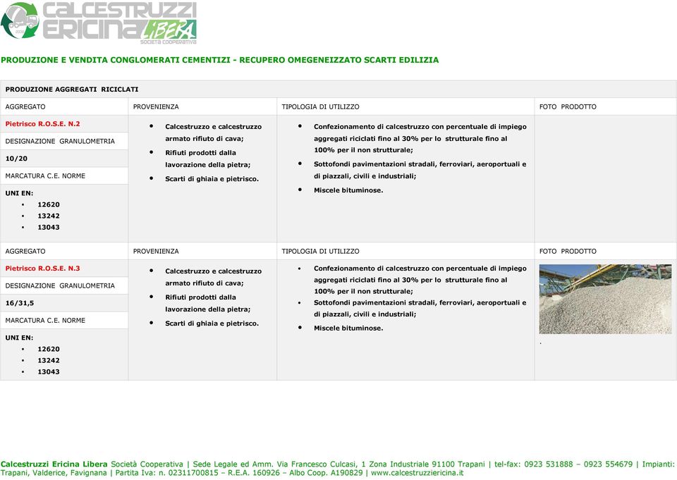 Calcestruzzi Ericina Libera Società Cooperativa Sede Legale ed Amm Via Francesco Culcasi, 1 Zona Industriale 91100 Trapani tel-fax: