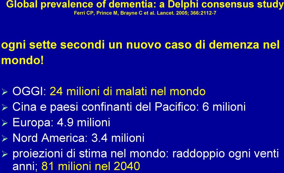 OGGI: 24 milioni di malati nel mondo Cina e paesi confinanti del Pacifico: 6 milioni Europa: 4.